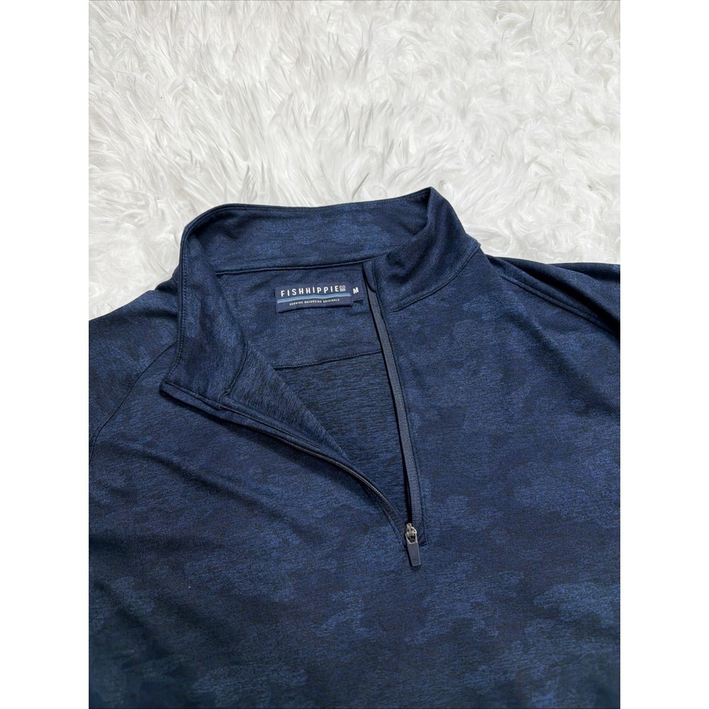 Fish Hippie Co Mens Medium 1/4 Zip Pullover Tech Stretch Blue Camo Fishing Beach